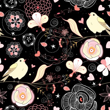 Seamless multi-colored light floral pattern with lovers of birds and hearts on a black background clipart