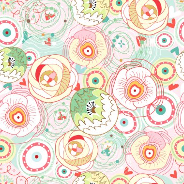 Seamless abstract colorful pattern of flowers and circles on a pink background clipart