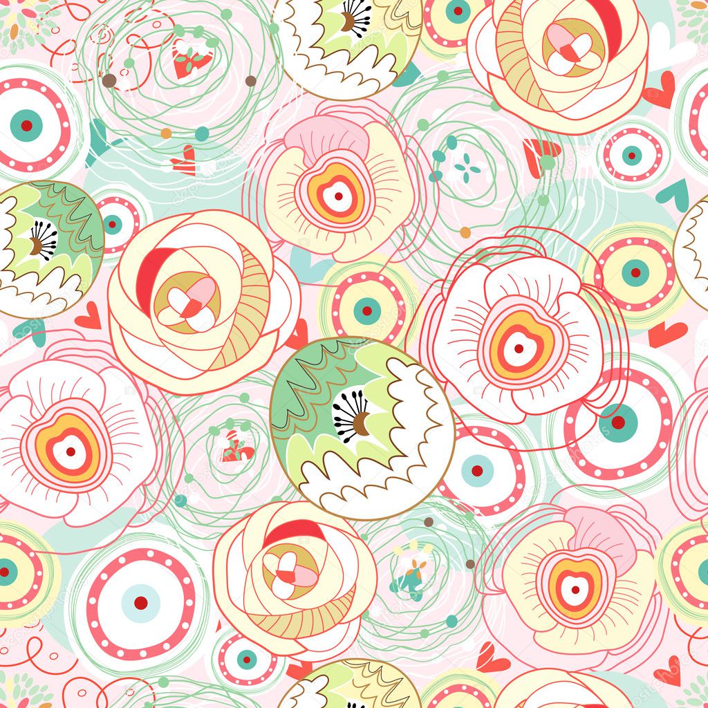 Seamless abstract colorful pattern of flowers and circles on a pink background