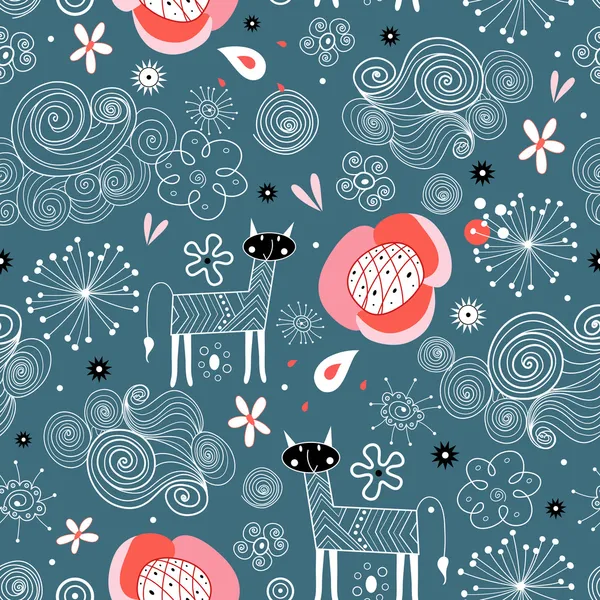 Seamless Floral Pattern Graphic White Cats Clouds Dark Background — Stock Vector