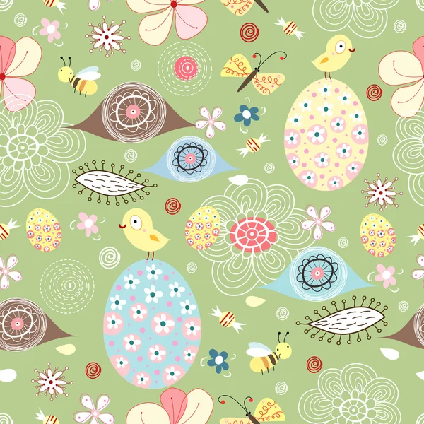 Patrón floral sin costuras con huevos de Pascua — Vector de stock