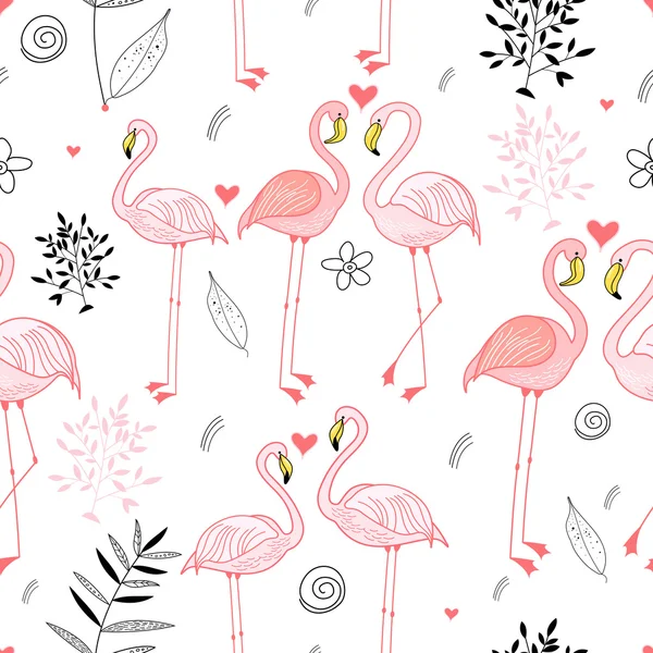 stock vector Seamless pattern with a passionate pink flamingos