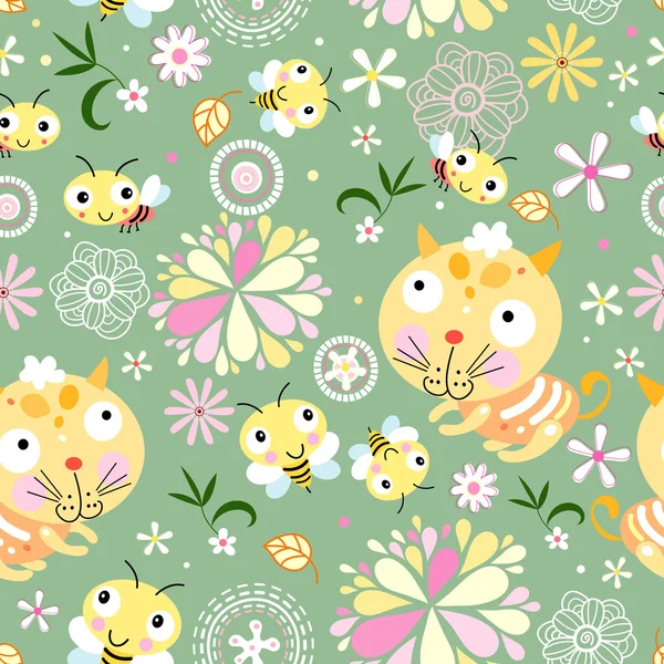 Patrón floral sin costuras con abejas y gatitos — Vector de stock