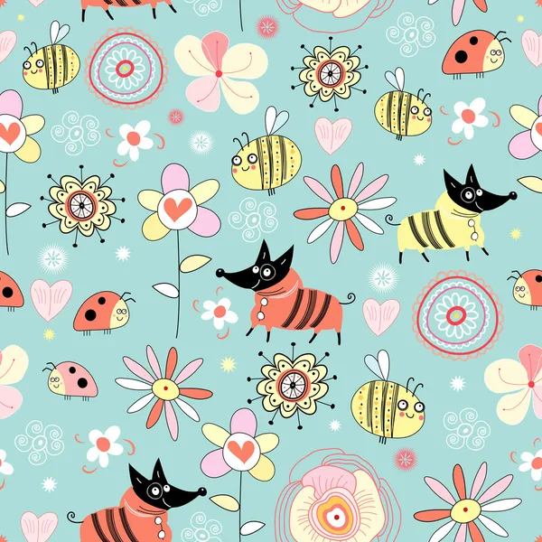 纹理狗和蜜蜂在花上 — 图库矢量图片
