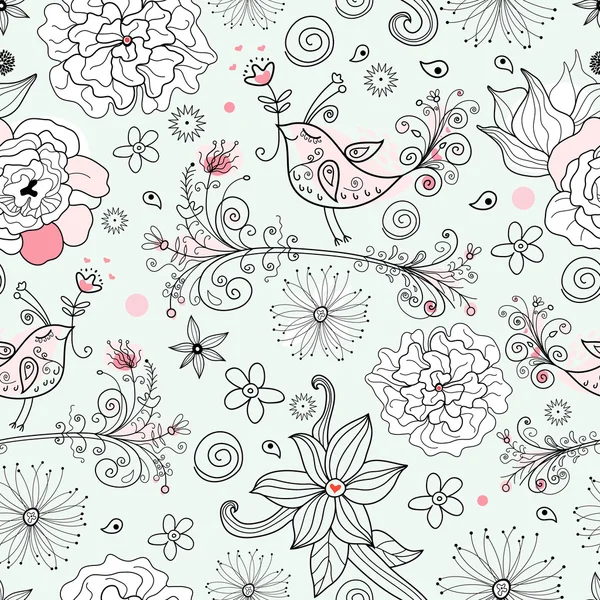 아름 다운 새와 사랑에 로맨틱 꽃 패턴 — 스톡 벡터