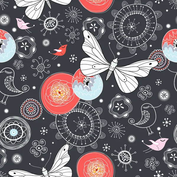 Modèle floral avec des papillons et des oiseaux — Image vectorielle