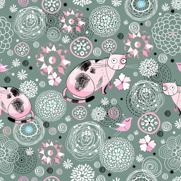 Textuur roze kat en bloemen — Stockvector