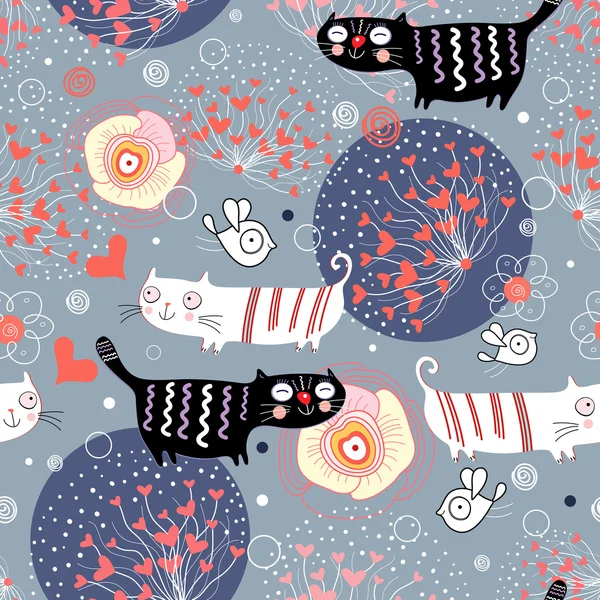 Pattern with cats and hearts — Stock Vector