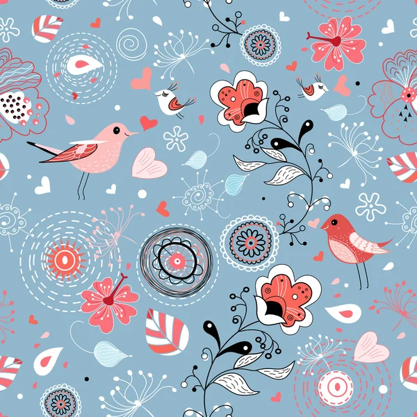 Desenho gráfico floral vermelho com pássaros — Vetor de Stock