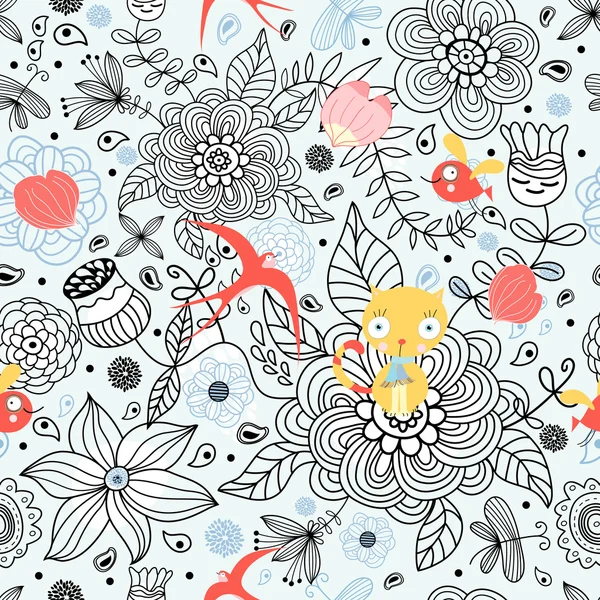 Modèle floral avec des chats et des oiseaux — Image vectorielle