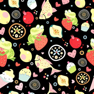 Texture of funny frogs among the fruits clipart