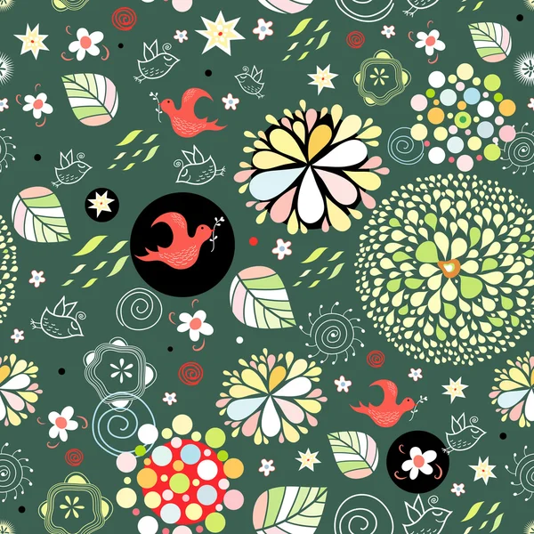 Patrón floral de primavera con pájaros rojos — Vector de stock