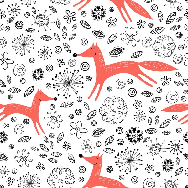 Floral pattern with red foxes — Stock Vector