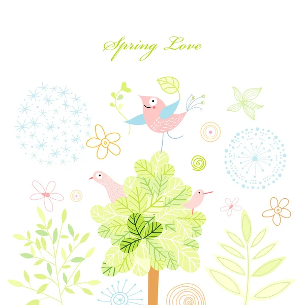 Postal de primavera con un árbol y pájaros — Vector de stock