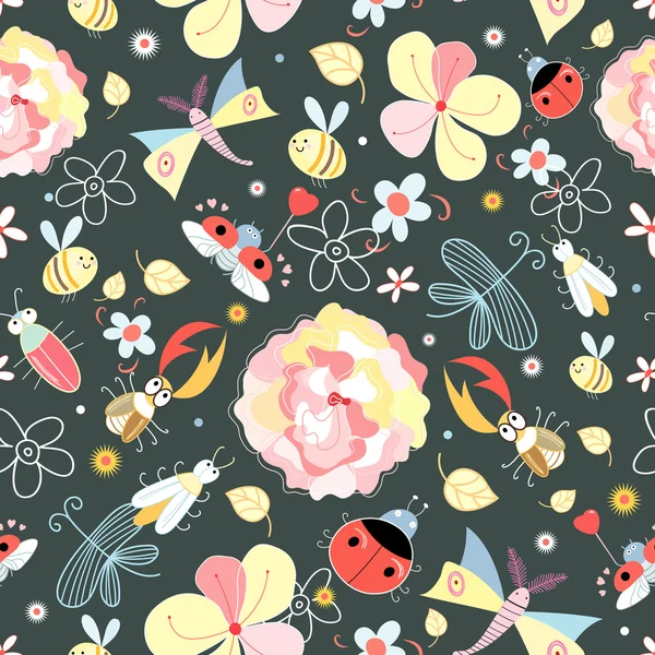 Floral pattern with insects — Stock Vector