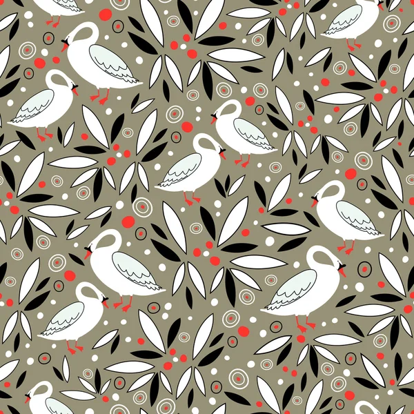 Un patrón de hojas y cisnes — Vector de stock
