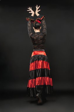 siyah arka plan üzerinde tam eylem genç İspanyol flamenko dansçısı