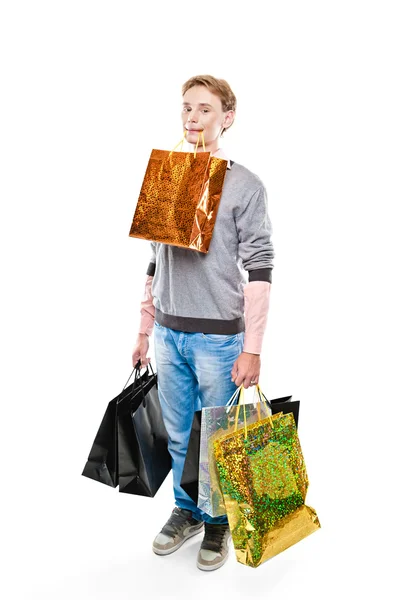 Young Man Holding Paper Bags White Background — Stock Photo, Image