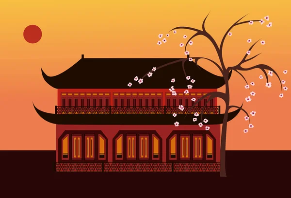 Elegante Templo Chinês Perto Uma Sakura Ilustração De Stock
