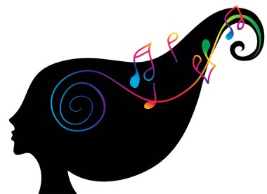 Silhouette of a beautiful girl listening to music in abstract earphones clipart