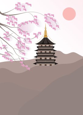 zarif Çinli pagoda arkasında kiraz dallar