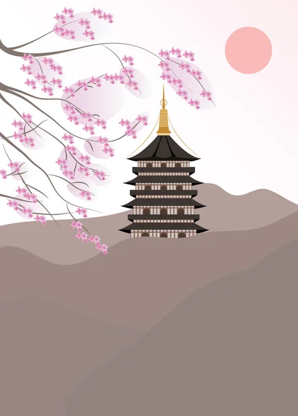 Elegant Chinese Pagoda Cherry Branches — Stock Vector