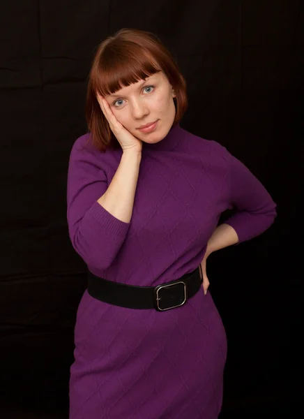 Young woman purple uncertain — Stock Photo, Image