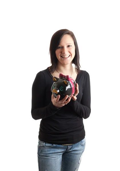 Young woman piggy bank front — Stock Photo, Image
