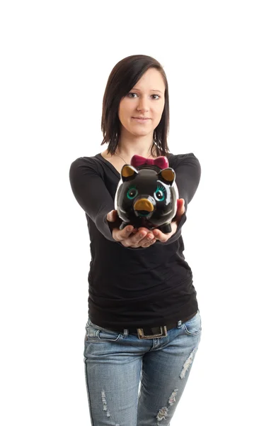 Young womand piggy bank presenting — Stock Photo, Image