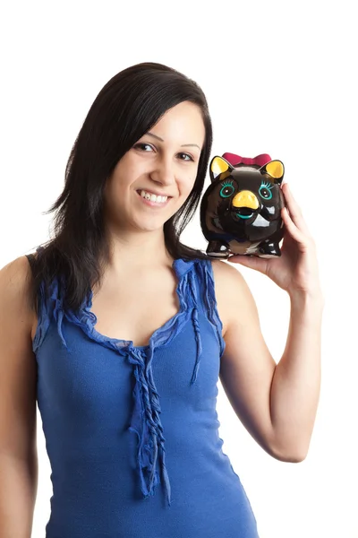 Young woman piggy bank shoulder — Stock Photo, Image