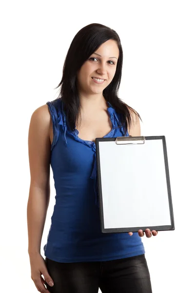 Young woman empty clipboard — Stock Photo, Image