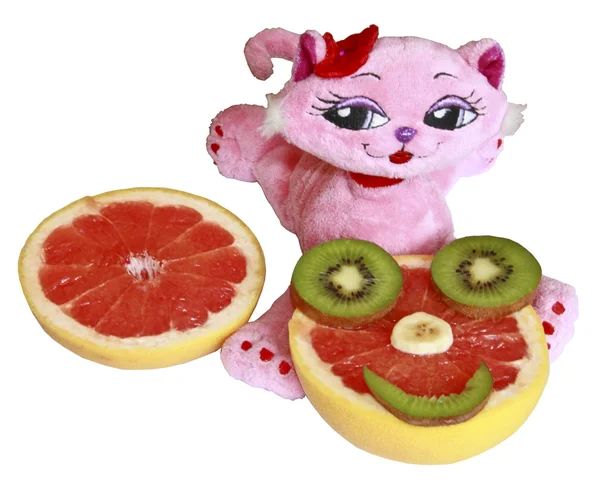 El gato de juguete rosa c un pomelo una taza ridícula —  Fotos de Stock
