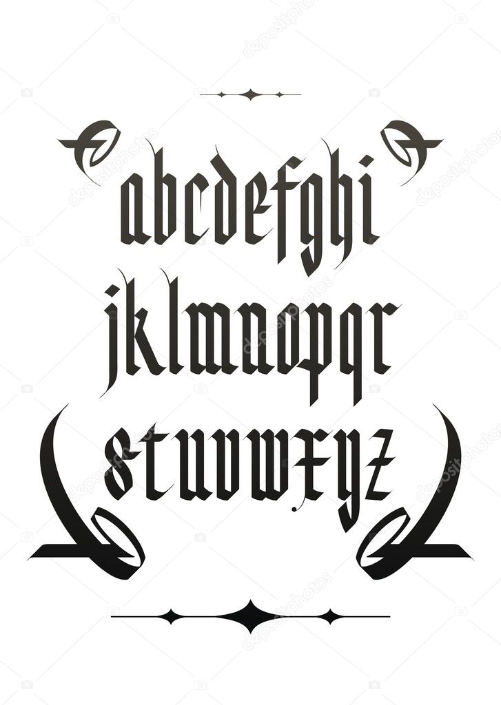 Vector gothic font alphabet with decorations