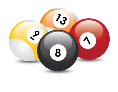 Four billiard balls with numbers: seven, eight, nine and thirteen. clipart