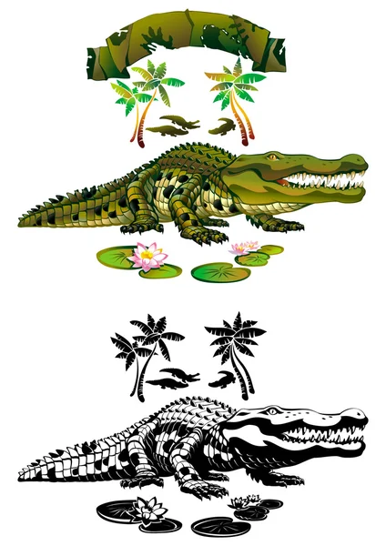 stock vector Nile crocodile with a predatory gaze. Big crocodile stands on four paws. Colour and black-and-white illustration.