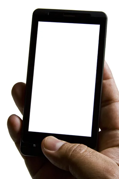 stock image A smartphone operated by one hand on white background with copy space