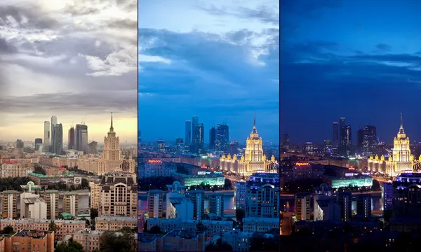 在黄昏及夜间空中莫斯科市拼贴画 — 图库照片