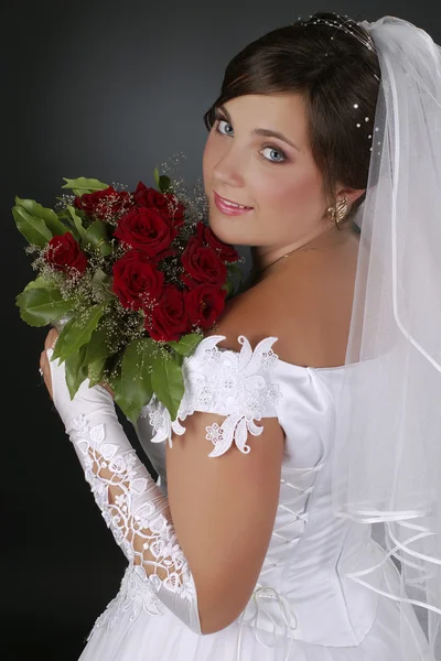 Beautiful Bride Smiling Dark Background — Stock Photo, Image