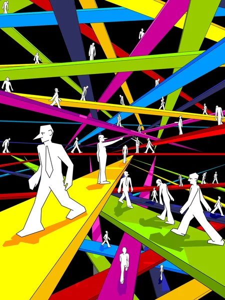 Endless Colorful Labyrinth Bridges Confused Businessmen — Stock Vector