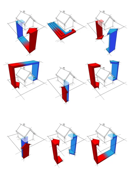 九热泵示功图的集合 显示使用热泵的可能性的房子 — 图库矢量图片