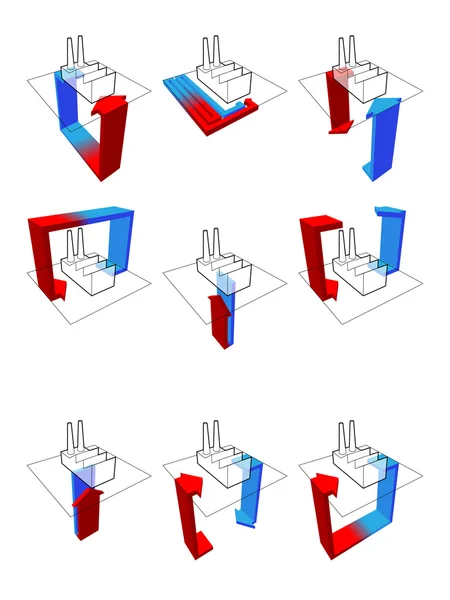九热泵示功图的集合 显示使用热泵的可能性的一家工厂 — 图库矢量图片