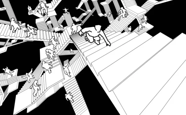 失落和困惑运行向上和向下的楼梯迷宫 — 图库矢量图片