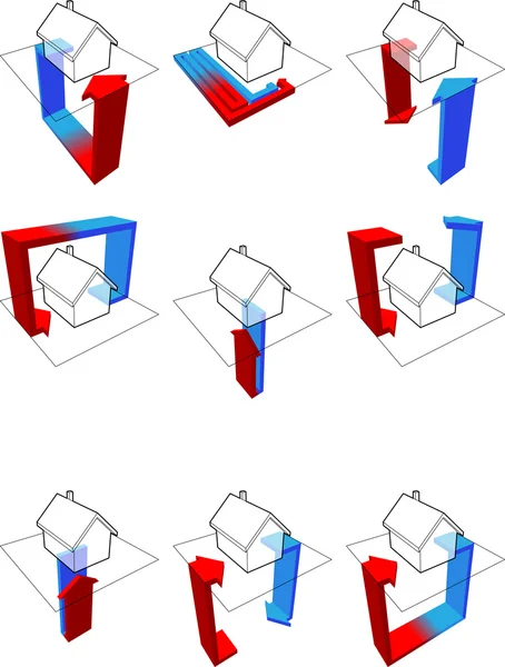 Samling Nio Värmepump Diagram Exempel Från Ett Hus Visar Möjligheterna — Stock vektor