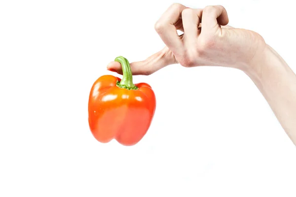 Red Bulgarian Pepper Isolated Palm White Background — Stock Photo, Image