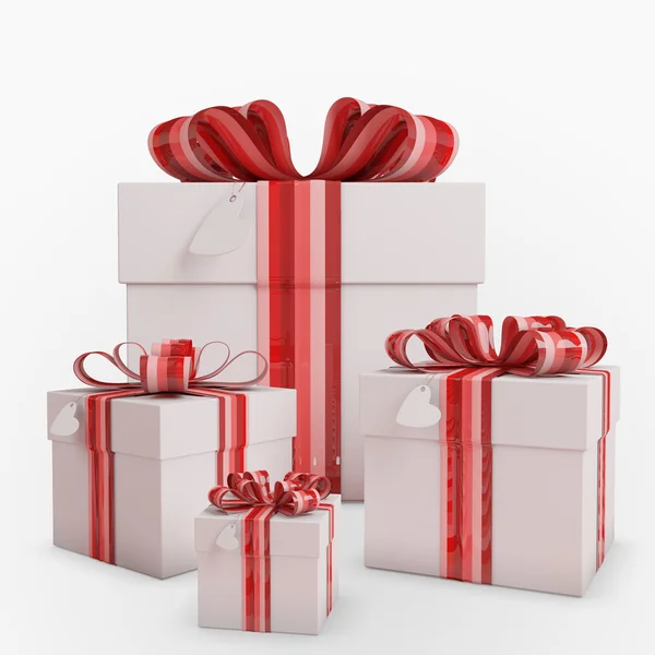 Four Gifts Boxes Bow Heart Tag — Stock Photo, Image
