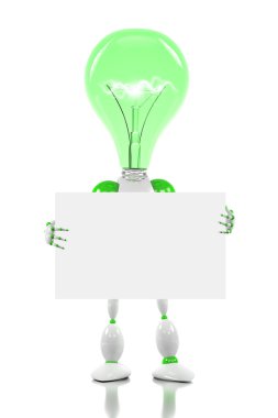 Robot with light bulb for its head, holding a blank card clipart