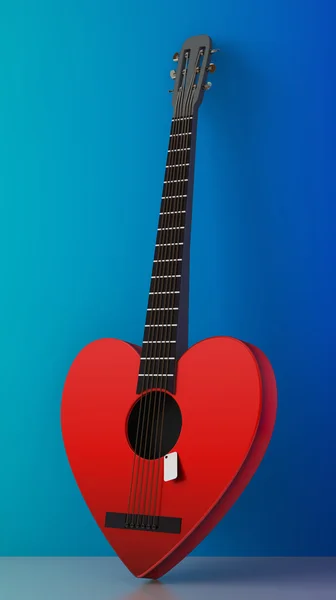 Guitarra roja en forma de corazón contra pared azul — Foto de Stock