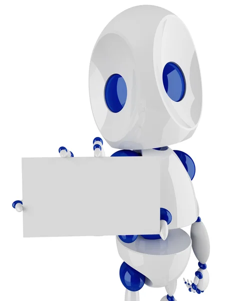 Pequeño robot sosteniendo y presentando una tarjeta en blanco — Foto de Stock