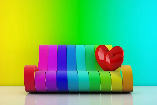 In love hearts standing on a rainbow couch - 3d render Stock Picture