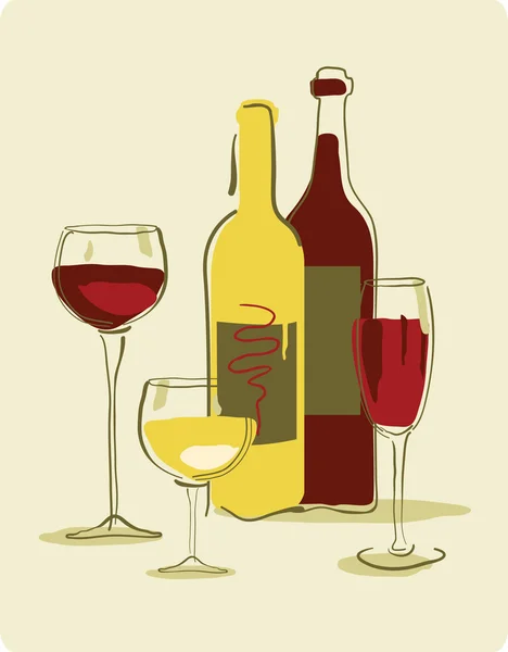 不同的葡萄酒瓶和杯酒 — 图库矢量图片